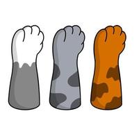 Set of different paw. Cat hands of different colors. Collection of breeds of Pets. Spots and stripes. Cartoon flat illustration. White, black, red, grey animal with fur vector
