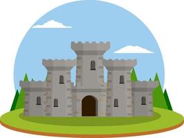 Castle with towers and walls. Defense construction. Medieval European architecture. Home of knight and king. Protection and security. Flat Icon for app and game vector