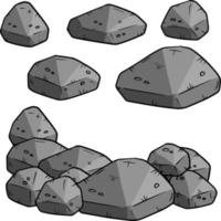 Set of gray granite stones of different shapes. Element of nature, mountains, rocks, caves. Minerals, boulder and cobble isolated on white vector