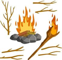 Fire and torch. Set of tree branches. Burning sticks. Campfire and objects of primitive man. Stones and wood. Cartoon flat illustration vector