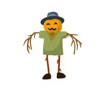 espantapájaros con cabeza de calabaza. hombre del saco divertido con sombrero. un fabuloso personaje de halloween. ropa vieja y un palo. ilustración de dibujos animados plana vector