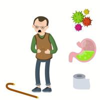 Medical assistance in case of poisoning. Set of indigestion Icons. Toilet paper, virus, bacteria and microbe. Old man holding belly. Poor nutrition of senior. Health problem. Diarrhea, upset stomach. vector