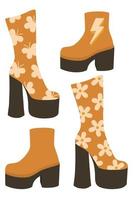 Set of retro boots with heels. Retro hippie boots in the style of the 70s. Vector set of boots with heels.