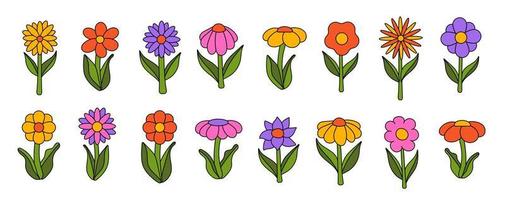 Collection of simple blooming flowers in 1970s psychedelic hippie style. Set of graphic stickers in retro design. groovy background. editable stroke isolated vector illustration