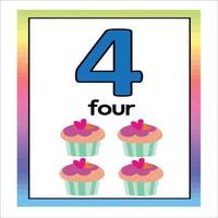 página para colorear - números. educación y diversión para los niños. Primeros números del bebé: colorear y contar. hoja de trabajo imprimible - 4 four con cup-cake vector