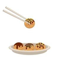 Takoyaki grilled octopus balls on the plate with chopsticks. vector