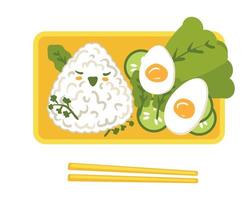 Bento box with rice bird, eggs and cucumber. vector