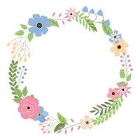 Spring floral wreath with cute flowers, leaves, and berries. Design for greetings, invitation cards. Isolated on white background. vector