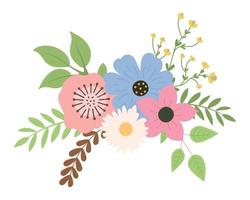 Spring colorful bouquet with pastel flowers and leaves. Vector illustration. Isolated on white background. Design for invitation card.