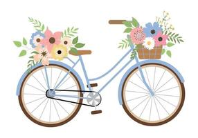 Cute romantic blue bike with spring flowers. Isolated on white background. Retro bike carrying basket, with flowers and plants. Vector illustration.