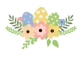 Easter illustration with colorful eggs, flowers and leaves. Isolated on white background. Spring holiday design and greeting card. vector