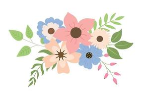 Spring colorful floral arrangement with pastel flowers and leaves. Vector illustration. Isolated on white background. Design for invitation card.