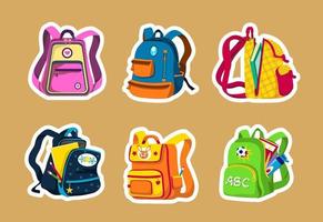 School and preschool backpacks for children, various colors and angles, open and closed. Colorful rucksacks with textbooks, notebooks, pencils, and bottles. Set of cartoon stickers vector