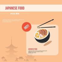 plantilla, banner de redes sociales con ramen asiático. concepto de restaurante japonés con arquitectura asiática. vector