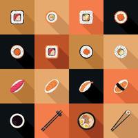 Icons in the flat style of Japanese food, sushi and rolls, ramen, sticks. For application design, Asian food delivery web site. Vector