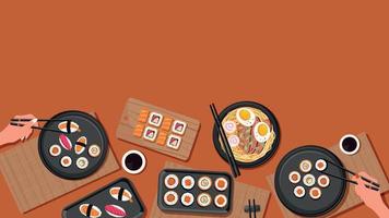 banner, página web, página de destino, horizontal con comida asiática. concepto de restaurante japonés. chicas comiendo sushi, panecillos, ramen. vector