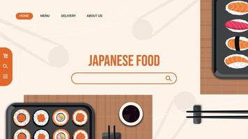 Template web page of Japanese cuisine restaurant. Asian food, rolls and sushi with chopsticks. Vector