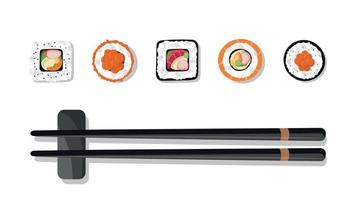 Fresh sushi rolls with salmon, tuna, avocado, rice and nori. Sushi sticks on a black ceramic base isolated on white. Traditional Japanese food. Vector flat illustration.