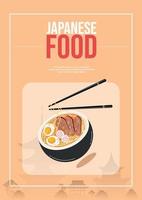 Flyer, poster with silhouette of Asian architecture, ads with Japanese food, ramen for promotions, advertising, sales. Vector illustration.