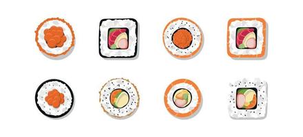 Different kinds of rolls with salmon, tuna, avocado, rice and nori isolated on a white background. Traditional Japanese food. Vector flat illustration.