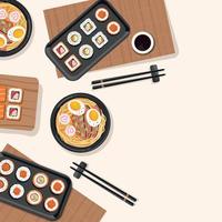 Design a square post, background with Japanese food, rolls, ramen soup for social media. Menu, food concept. Banner, advertising. Vector