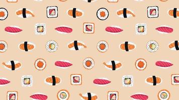 Horizontal background with seamless pattern of Japanese rolls and sushi on beige background. Design for banners, posters, flyers. Vector