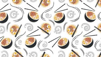 Horizontal background with Seamless pattern with Japanese ramen soup. Asian food for printing on paper, textiles, for banners and backgrounds. Vector