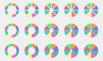 Pie and donut charts set. Circle diagrams divided in 8 sections of different colors. Balance wheels of life. Round shapes cut in eight parts on transparent background vector