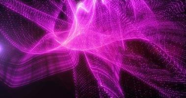 astratto sfondo di onde di viola rosa futuristico hi-tech cereali di sabbia onde di puntini pixel particelle volante con splendore effetto con raggi di leggero e sfocatura, salvaschermo, video nel alto qualità 4k