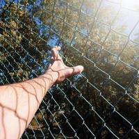 man hand grabbing metallic fence, feeling free photo