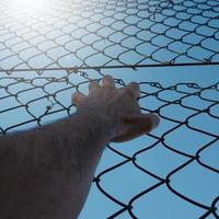 man hand grabbing metallic fence, feeling free photo