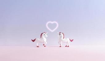 Romantic love composition with two unicorns. Blue and pink color gradient background with neon heart between the unicorns. Minimal Valentine's Day theme idea. photo