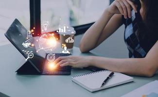 woman Hand holding virtual Global Internet connection metaverse. Business global internet connection application technology and digital marketing, Financial and banking, Digital link tech, big data. photo