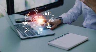 woman Hand holding virtual Global Internet connection metaverse. Business global internet connection application technology and digital marketing, Financial and banking, Digital link tech, big data. photo