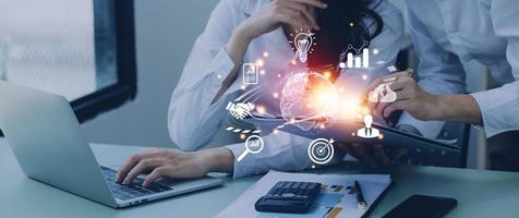 woman Hand holding virtual Global Internet connection metaverse. Business global internet connection application technology and digital marketing, Financial and banking, Digital link tech, big data. photo