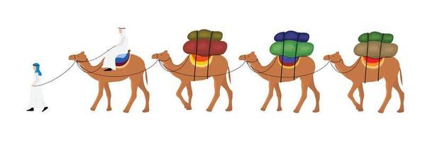 A caravan with camels and Bedouins. Camels walk in line with cargo isolated on a white background. Vector illustration.