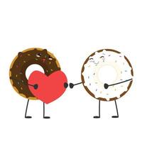 Pair of donuts with love and heart. Concept of Valentine's Day with couple in love. Vector illustration.