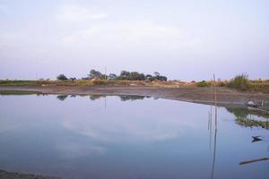 canal de vista arial con hierba verde y vegetación reflejada en el agua cerca del río padma en bangladesh foto