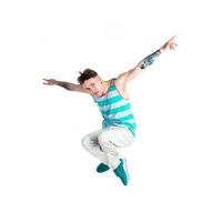 man in casual clothes jumping photo