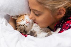 una linda niña duerme dulcemente en casa en un conejo con un gatito. ropa de cama de algodón blanco. vacaciones navideñas. niños y mascotas en casa foto