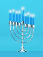 Happy Hanukkah - Silver Realistic Menorah, Candle Stand Candelabrum with Lit Candles - 3D Illustration Render photo
