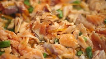 close up of rice with vegetables and salmon video