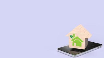 la madera de la casa en el móvil para el concepto ecológico o tecnológico de renderizado 3d foto
