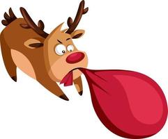 Christmas deer pulling heavy bag with pressents vector illustration on a white background