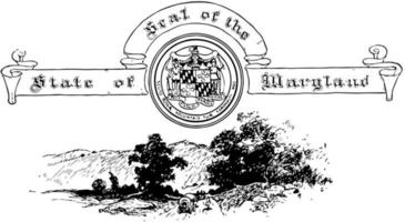 el sello de estados unidos de maryland con las montañas blue ridge en el fondo, ilustración vintage vector