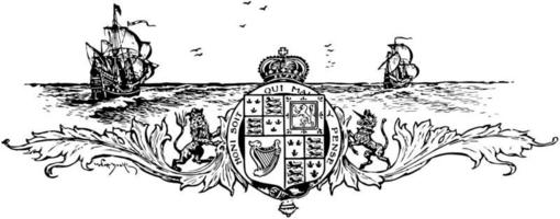 A crest and seal below two ships, vintage illustration vector