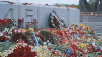 Victory Day, a non working holiday, that commemorates the capitulation of Nazi Germany to the Soviet Union during the Second World War. Flowers placed at a monument, in Latvia. video