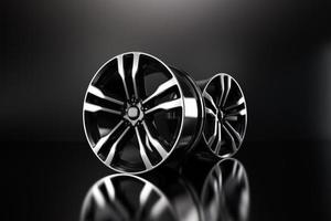Powder coating of black wheel disk on black background. 3D rendering illustration. photo