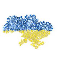 composición abstracta de trama multicolor del mapa de ucrania construido con elementos de esferas. mapa y bandera de ucrania. ilustración de representación 3d. foto