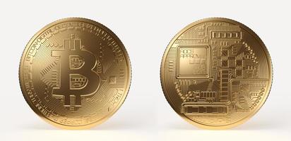 Golden bitcoin, both sides of a crypto currency coin isolated on a white background. 3D rendering illustration. photo